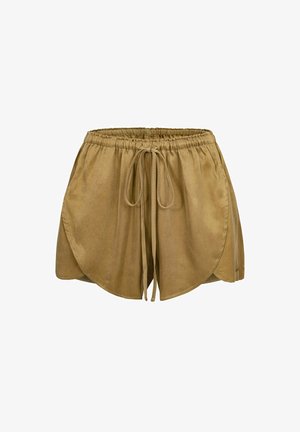 Brązowe, lekkie szorty do kolan z elastycznym pasem i regulowanym troczkiem, charakteryzujące się miękką fakturą i zaokrąglonym wykończeniem.