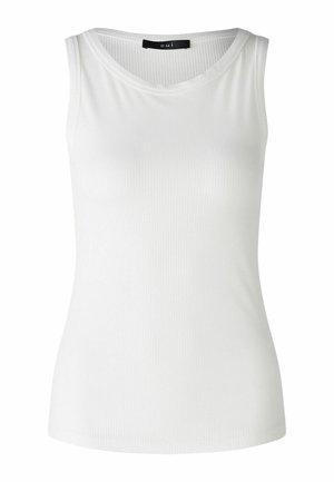 Witte mouwloze ribgebreide tanktop met een ronde halslijn. Gemaakt van rekbare stof, met een subtiele textuur en een aangesloten silhouet.