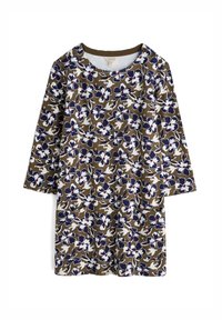 Kwiecista sukienka z rękawami o długości trzy czwarte, uszyta z brązowej tkaniny. Posiada białe i granatowe wzory kwiatowe z czerwonymi akcentami oraz okrągły dekolt.