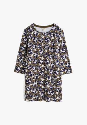 Kukallinen mekko, jossa on kolme neljänneshihaa, ruskeasta kankaasta. Ominaisuudet valkoiset ja laivastonsiniset kukkakuvioinnit punaisilla yksityiskohdilla sekä pyöreä kaula-aukko.