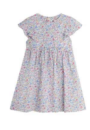 Vestido floral hecho de tela ligera, con un escote redondo, mangas cortas con vuelo y falda plisada con flores rosas, azules y amarillas.