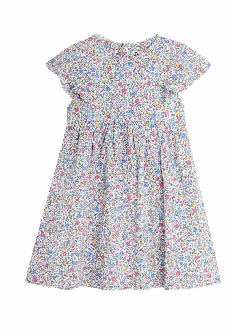 Robe fleurie en tissu léger, avec un col rond, des manches courtes en forme de volants et une jupe plissée ornée de fleurs roses, bleues et jaunes.