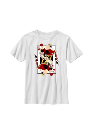 Maglietta bianca con design della carta da gioco Regina di cuori che presenta una regina dei cartoni animati che tiene un cuore e uno striscione con la scritta "Off With Their Heads."