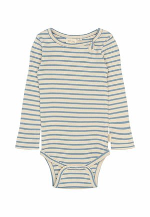 Langærmet stribet heldragt i creme og blå. Ribbet tekstur, rund udskæring, trykknaplukning forneden, lille etikette på siden.