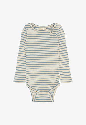 Kreemi ja sinise triibulise pika varrukaga bodi. Ribikujuline tekstuur, ümmargune kaelus, alumises osas nööbiga kinnitused, külgmisel pool väike silt.