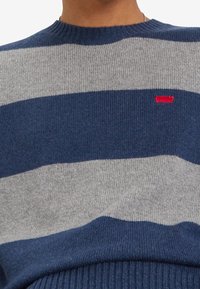 Pull rayé bleu et gris avec un col rond côtelé. Présente un petit logo rouge sur la poitrine. Texture en tricot doux.