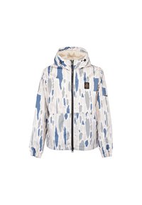 Waterafstotende jas in het wit met een blauw en grijs abstract patroon. Voorzien van een capuchon, ritsluiting en twee voorzakken. Zachte binnenvoering.