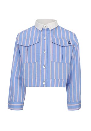 Blauw cropped blouse met roze verticale strepen, witte kraag, lange mouwen en twee klepzakken aan de voorkant, waarvan één met klein logopatch.