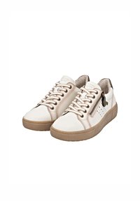 Sneaker di pelle bianca con dettagli beige, punta tonda, lacci a contrasto, zip laterale e design perforato sulla parte superiore. Suola in gomma.