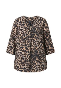 Leopardmönstrad blus i beige och svart, med V-hals, trekvartsärmar och avslappnad passform. Slätt tyg med subtil lyster.