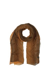 Fular plisat maro cu un model de frunze, confecționat dintr-un material transparent. Marginea este ușor desfăcută, având o etichetă mică neagră.