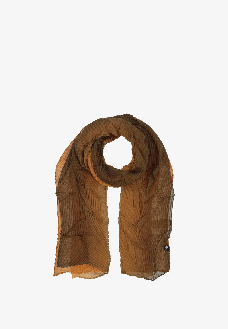 Fular plisat maro cu un model de frunze, confecționat dintr-un material transparent. Marginea este ușor desfăcută, având o etichetă mică neagră.