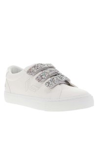 White leather sneaker with a textured finish, featuring three glittery Velcro straps and a rubber sole. Accented with a subtle logo.