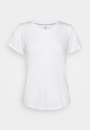 Prosty biały sportowy T-shirt z krótkim rękawem i okrągłym dekoltem, z logo Under Armour wewnątrz kołnierzyka, przedstawiony na białym tle.