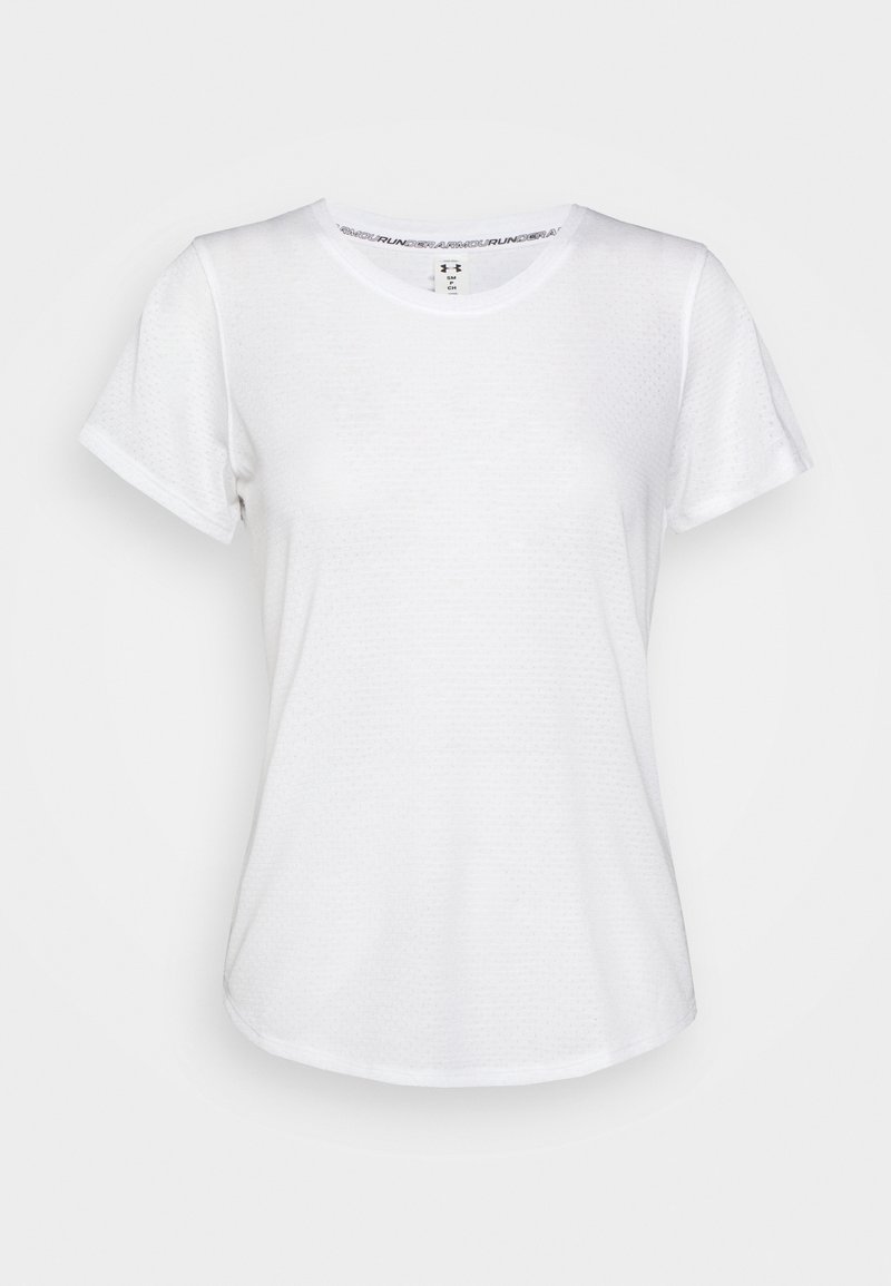 Hvid, ensfarvet kortærmet atletisk T-shirt med rund halsudskæring, Under Armour-logo på indersiden af kraven, vist på hvid baggrund.