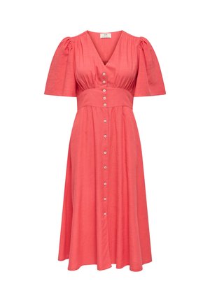 Korallenfarbenes Midikleid mit kurzen Puffärmeln, V-Ausschnitt, tailliertem Bund und vorderer Knopfleiste.