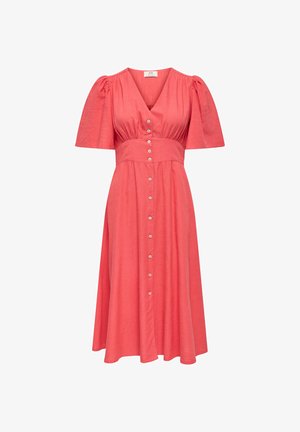 Korallenfarbenes Midikleid mit kurzen Puffärmeln, V-Ausschnitt, tailliertem Bund und vorderer Knopfleiste.