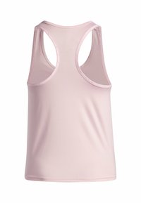 Canotta rosa chiaro con scollo rotondo e ampia schiena a corsetto. Realizzata in tessuto liscio e elasticizzato con bordi accentuati dal logo.