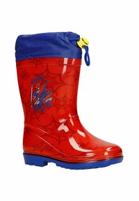 Červené gumové holínky s modrým lemem, zdobené vzorem pavučiny a grafikou Spider-Mana. Obsahují nastavitelnou šňůrku pro lepší přizpůsobení.