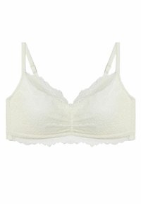 Bralette in pizzo color avorio, con bordi scallop e spalline regolabili. Il tessuto presenta un motivo morbido e testurizzato.