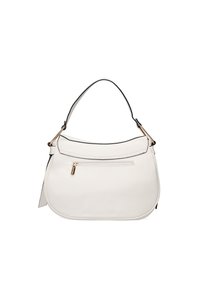 Borsa a mano in pelle bianca con rifiniture nere, forma curvilinea e manico superiore singolo. Presenta una tasca frontale con zip e dettagli in oro.