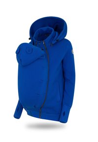 Blaue Umstandshoodie mit einer vorderen Babytragetasche, ausgestattet mit einer großen Kapuze, Reißverschluss und gerippten Bündchen. Weicher Stoff.