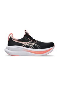 Black athletic shoes with a mesh upper, white midsole, and coral accents; features textured overlays and a padded tongue for comfort.
