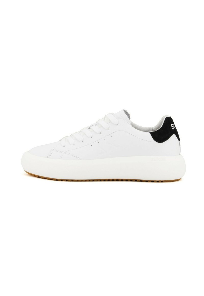 Sneakers bianchi con una parte superiore in pelle liscia, punta rotonda e suola in gomma spessa. Dettaglio nero sul tallone e logo sottile sul lato.