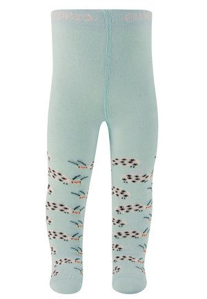 Light blue tights with an all-over pattern of black and white rabbits, featuring green accents and a soft, textured knit fabric.