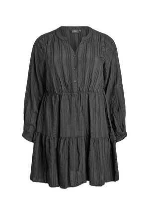 Schwarzes, langärmeliges Kleid aus strukturierter Stoffqualität, mit einer durchgeknöpften Blende, gerafftem Taillenbereich und gestuftem Rockdesign.