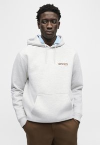 Άνδρας που φοράει ανοιχτό γκρι φούτερ Dickies πάνω από μπλε πουκάμισο με γιακά, με τα χέρια στις τσέπες καφέ παντελονιού, κοιτάζοντας προς το πλάι.