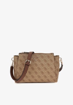 Borsa a tracolla marrone con motivo, realizzata in materiale resistente, dotata di chiusura con zip, cinturino regolabile e targhetta logo sul fronte.