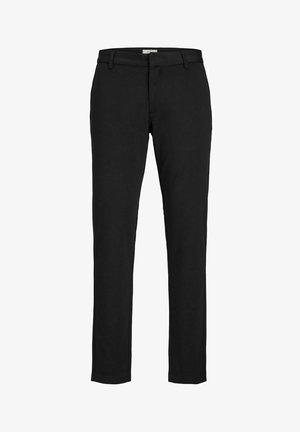 Black trousers made of smooth fabric, featuring a straight cut, side pockets, belt loops, and a clean hem. No visible patterns or accents.