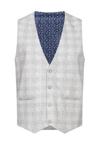 Chaleco gris con un diseño estampado, que presenta un escote en V, cinco botones, dos bolsillos frontales y un forro interior estampado en azul.