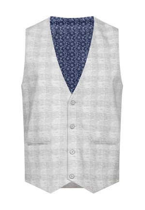 Gilet à motifs gris, avec un décolleté en v, cinq boutons, deux poches avant et une doublure intérieure à motifs bleus.