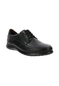 Derby in pelle nera con superficie liscia, punta rotonda e design con lacci. Presenta una soletta imbottita per comfort e flessibilità.