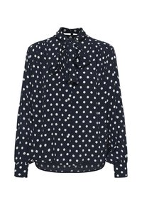 Chemise bleu marine à pois blancs, col nœud papillon, manches longues, boutonnage à l'avant, design plissé et ourlet arrondi. Texture de tissu douce.