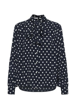 Temno modra srajca z belimi pikami, ovratnik z mašno, dolgimi rokavi, zapenjanjem na gumbe spredaj, z nabrano zasnovo in zaobljenim robom. Mehka tekstura tkanine.