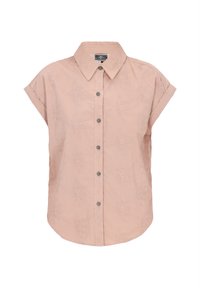 Kurzarmhemd mit Kragen aus weichem rosa Stoff, das mit gestickten Blumenmustern und einer Knopfleiste ausgestattet ist.