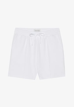Weiße, knielange Shorts aus weichem Stoff, mit elastischem Bund und Kordelzug sowie zwei Seitentaschen. Schlichtes Design ohne Muster.
