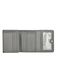 Gray leather wallet with multiple card slots, a clear ID window, and a button closure. Smooth texture and clean stitching details.