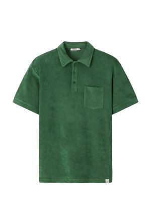 Groen poloshirt met korte mouwen, kraag, drie knopen en een borstzak, gemaakt van zachte, gestructureerde stof.