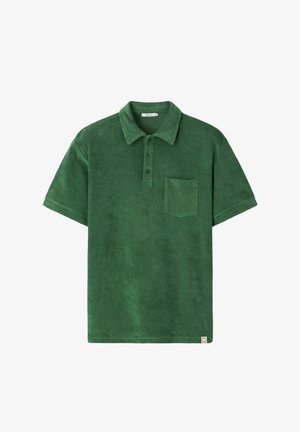 Groen poloshirt met korte mouwen, kraag, drie knopen en een borstzak, gemaakt van zachte, gestructureerde stof.