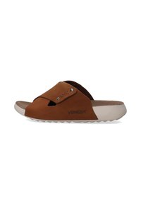 Bruine suède slip-on sandalen met uitsnijdingen, logodetail en een gestructureerde beigekleurige rubberen zool met een zigzag patroon.