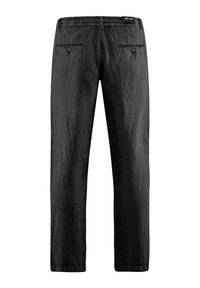 Pantaloni in lino nero con vestibilità rilassata, dotati di due tasche posteriori e bottoni. Tessuto liscio con un design semplice e gamba dritta.