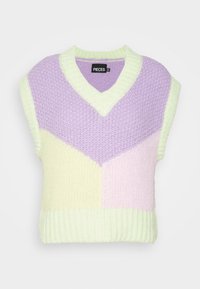 Gebreide mouwloze trui in pastelkleuren: lichtgroen, lavendel, geel en roze. Heeft een v-hals en een geribbelde zoom. Gelaagd stof.