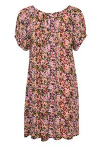 Blomstret kjole med korte ærmer, prydet med et mønster i pink, grøn og creme på en mørk baggrund. Stoffet virker let og tekstureret.