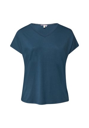 Dunkelblaues Damenoberteil mit kurzen Ärmeln und V-Ausschnitt, locker geschnitten und mit dezenten Nahtdetails am Ausschnitt.
