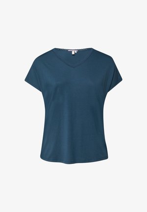 Donkerblauw dames top met korte mouwen en V-hals, met een losse pasvorm en subtiele stikseldetails rondom de halslijn.