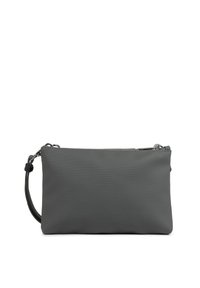 Borsa sintetica grigia con superficie texturizzata, forma rettangolare, chiusura con zip superiore e una tracolla staccabile attaccata a un lato.